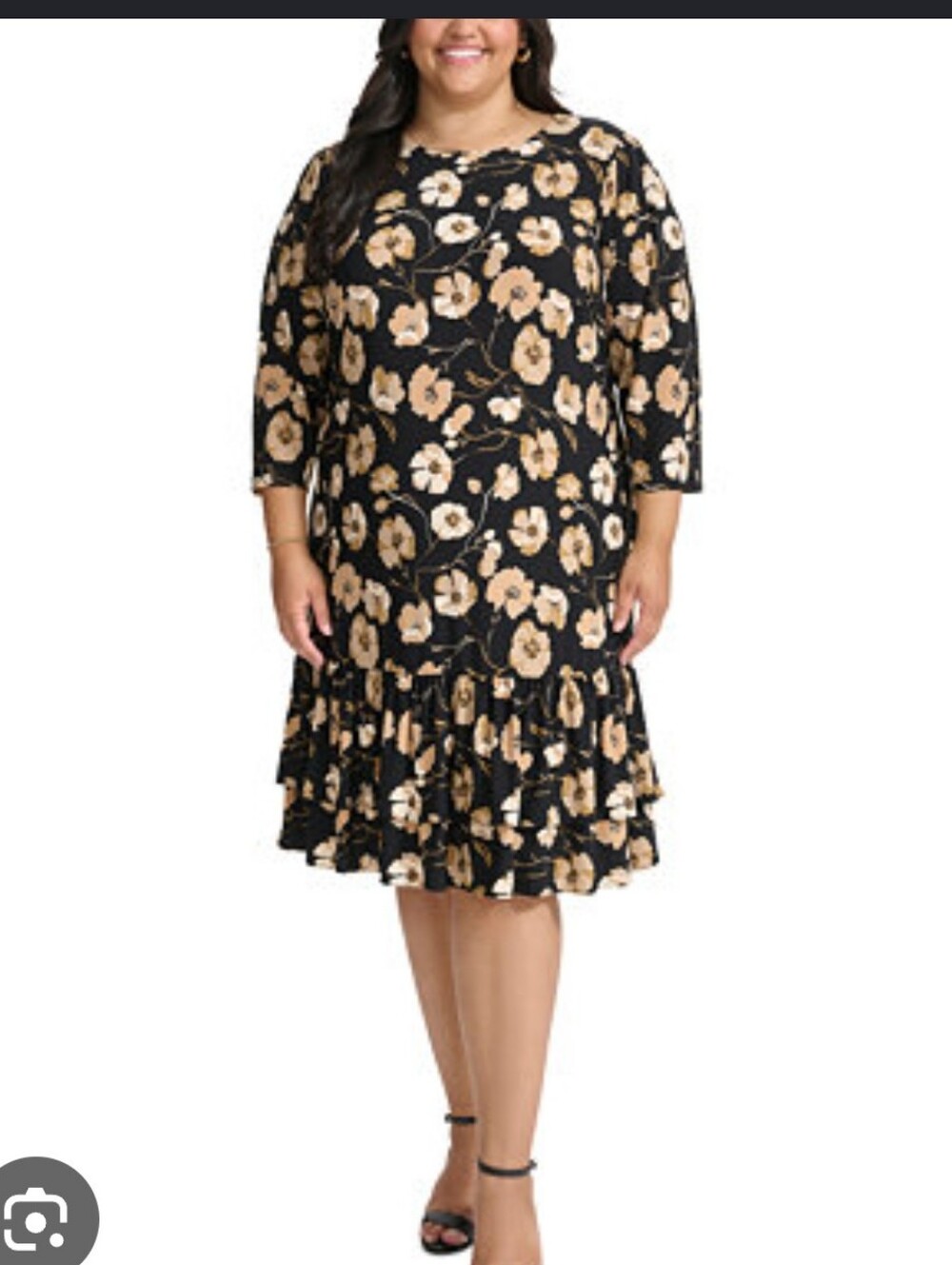 Tommy Hilfiger Floral Midi Dress 20W Plus Size Black Beige Ruffle Hem Long Sleev